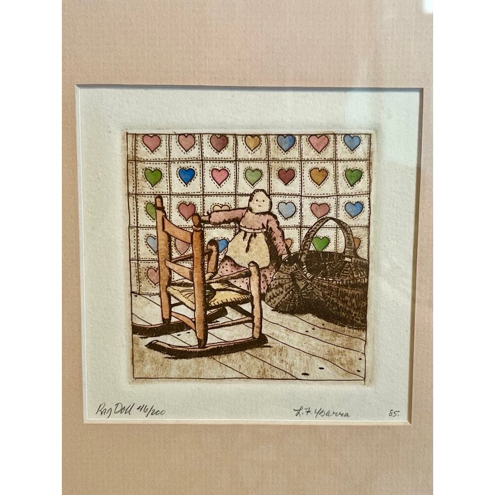 "Rag Doll" Etching Framed Folk Art-L. Felix YBarra-Country-Cottagecore-Farmhouse